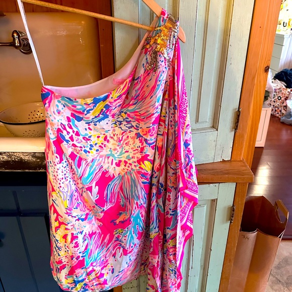 Vibrant Pink and Multicolor One-Shoulder Dress - Picture 1 of 5